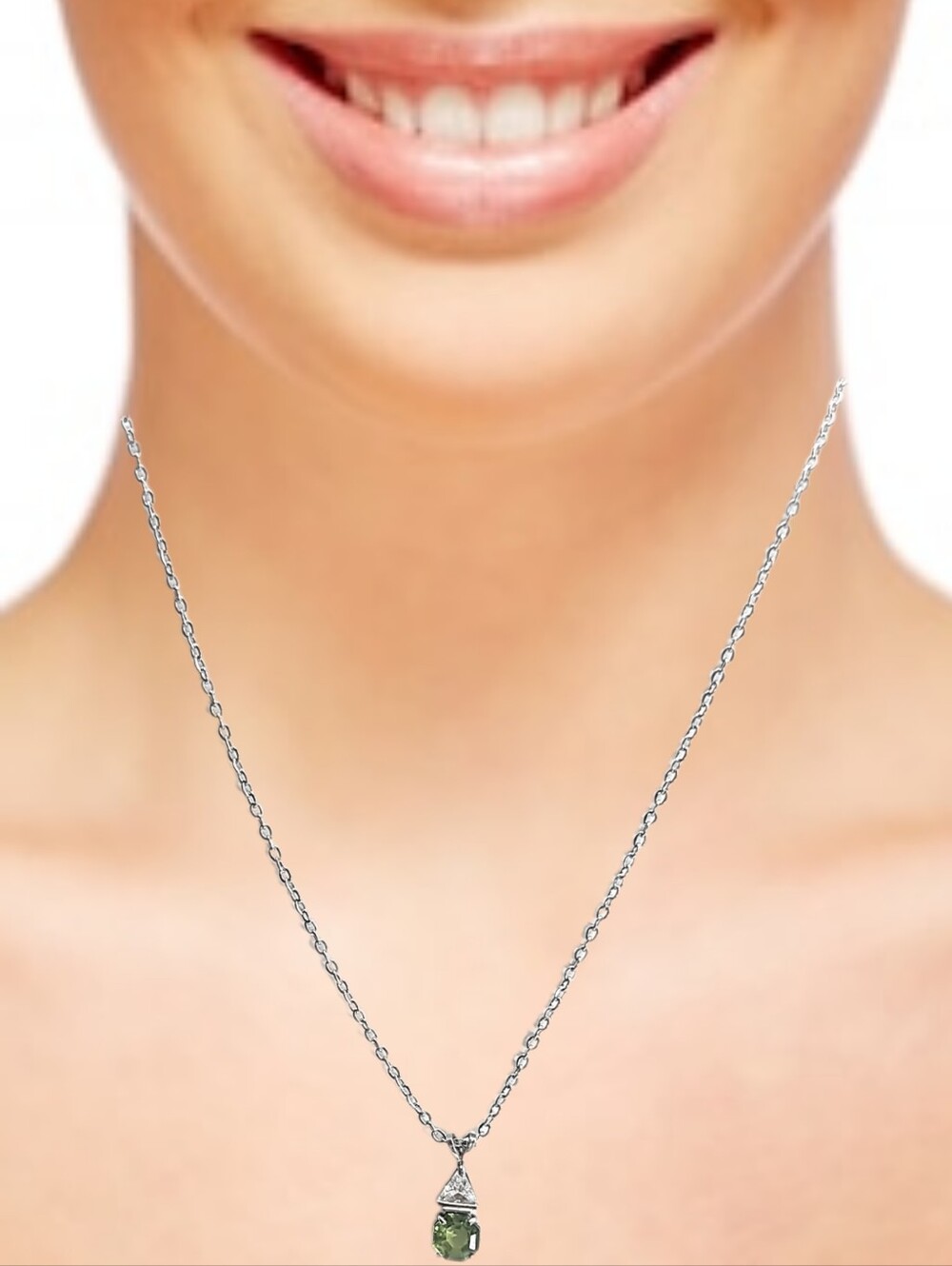 Peridot and Clear CZ Stone Sterling Silver Pendant with Stainless Steel Necklace